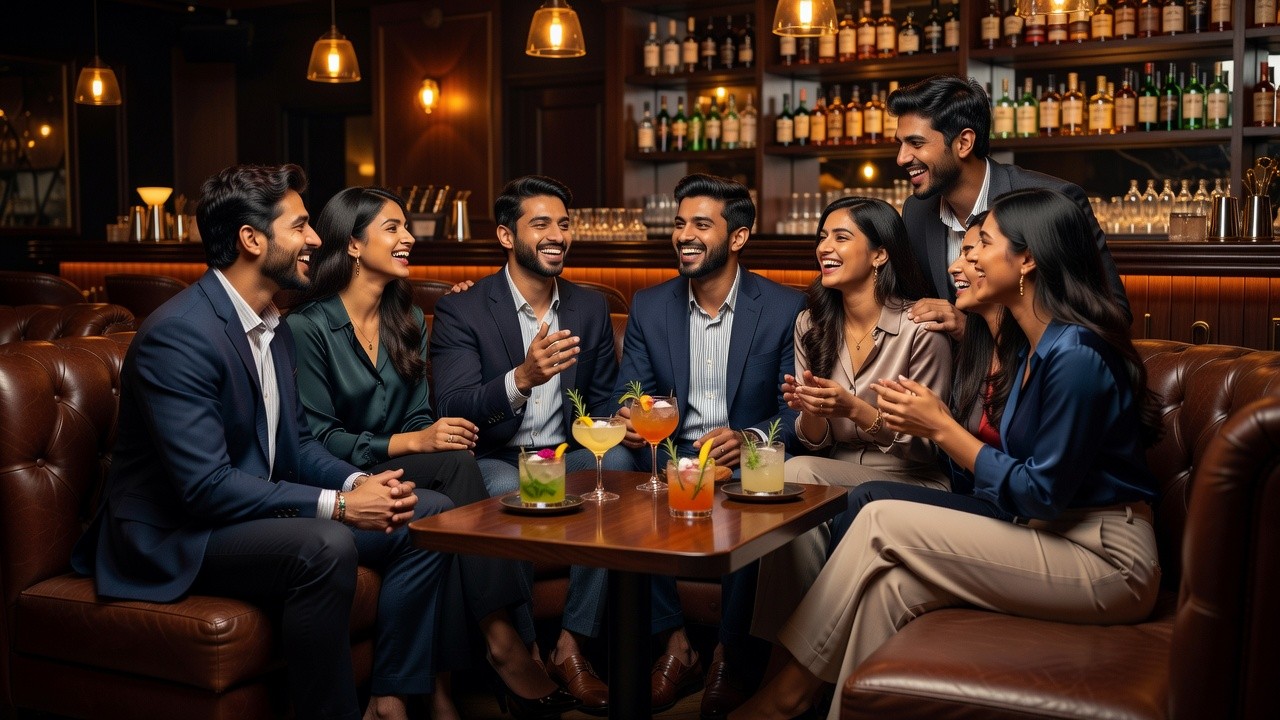 Mixed group of singles casually interacting in a high-end pub